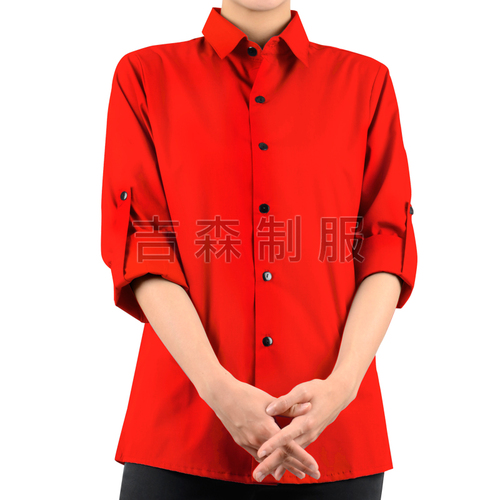 素色長袖反摺襯衫-紅
